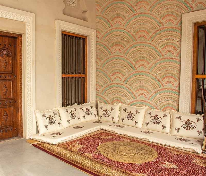 Urmi, Vintage Wavy Seigaiha Wallpaper Mural shown in a room