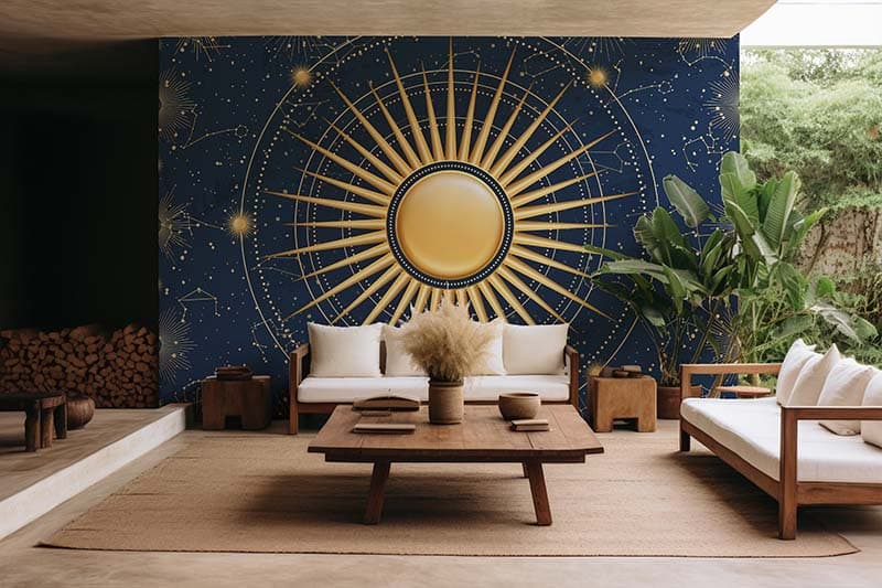 Celestial Blaze, 3D Golden Sun Wallpaper Mural shown in a room