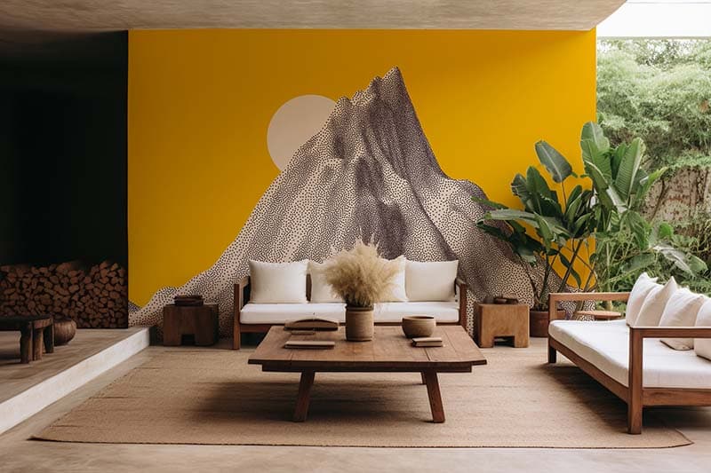 Oasis, 3D Mountain Peak Sunrise Wallpaper Mural shown in a room