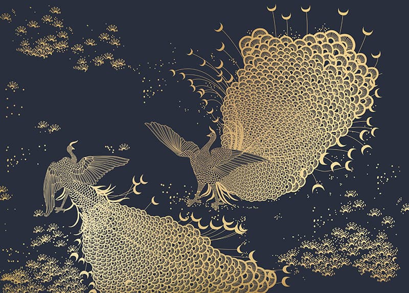 Amara, Royal Blue Plume Peacock Wallpaper Mural, Customized pattern detail