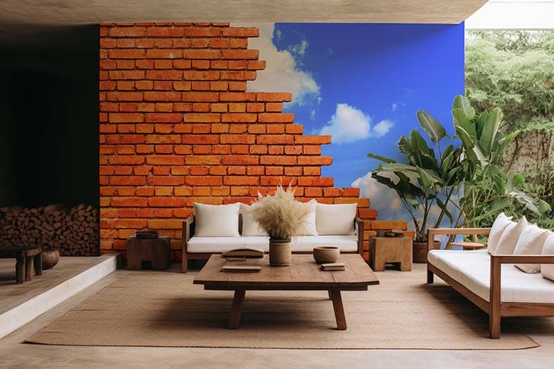 Half Brick and Serene Blue Sky Wallpaper Mural shown in a room