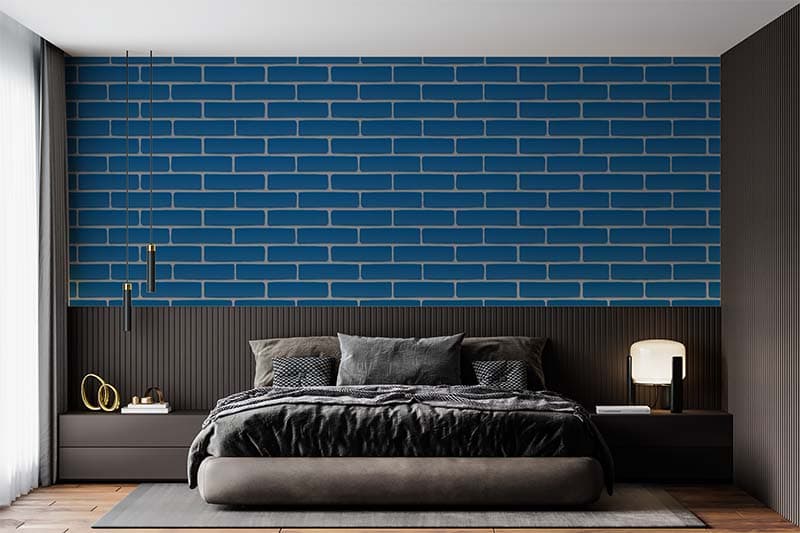 Indigo Brickwork Wallpaper Mural shown in a room