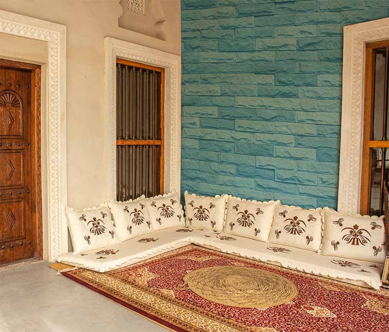 Sapphire Brick Blocks Wallpaper Mural shown in a room