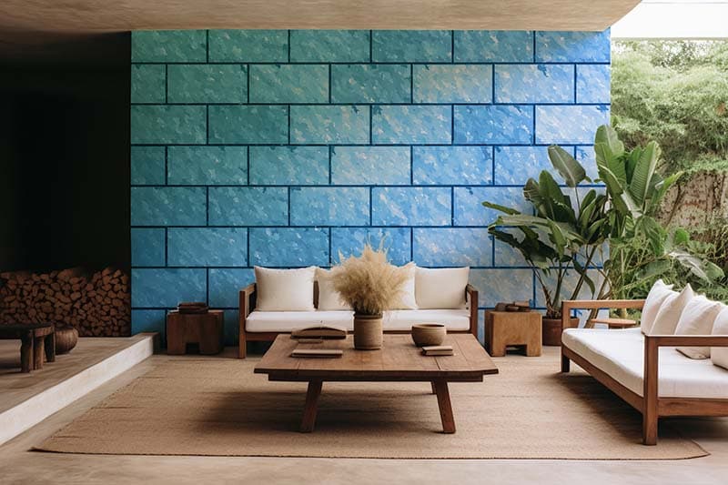 Watercolor Blue Brickscape Wallpaper Mural shown in a room