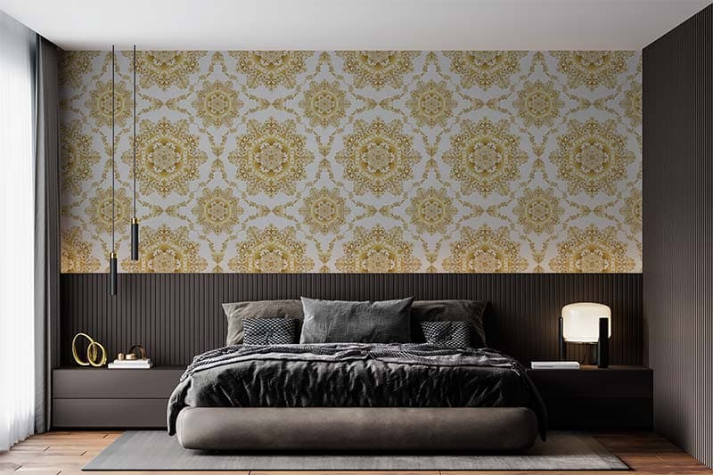 Glorious Gold Flourish Pattern Wallpaper Mural shown in a room