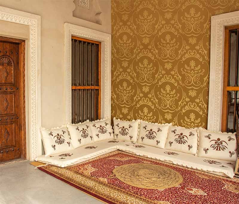 Golden Symphony Damask Wallpaper Mural shown in a room