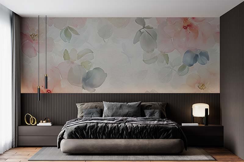 Kusum, Watercolor Pastel Floral Wallpaper shown in a room