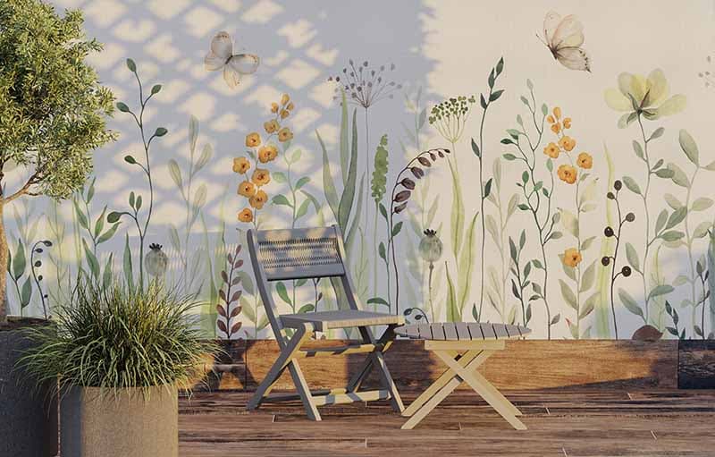 Summer Meadow Pastel Flowers Wallpaper Mural shown in a room