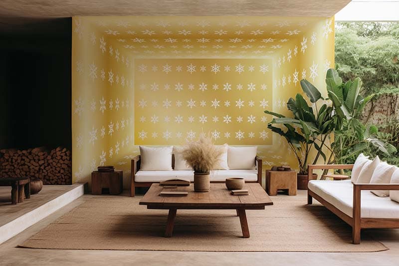 3D Effect Golden Snow Crystal Wallpaper Mural shown in a room