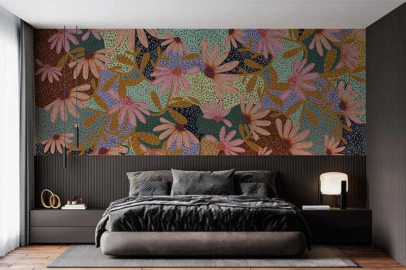 Bohemian Floral Fantasy Wallpaper Mural shown in a room