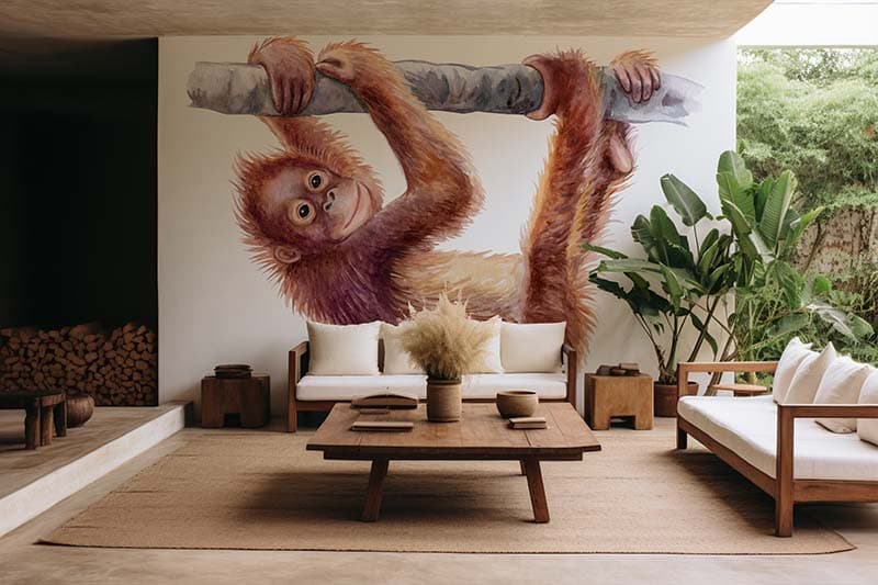 Cheerful Baby Orangutan Wallpaper Mural shown in a room