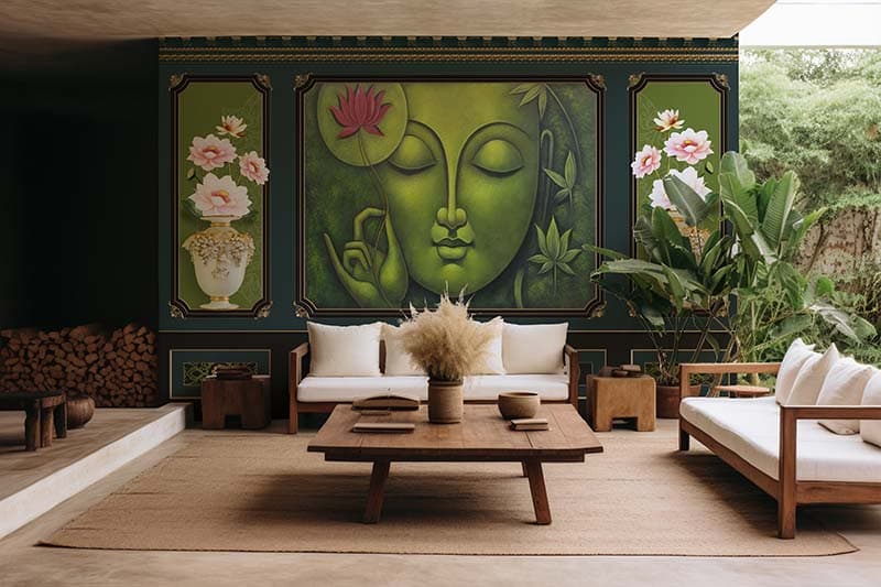 Classic Moulding Effect Budha Wallpaper Mural shown in a room