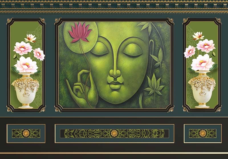 Classic Moulding Effect Budha Wallpaper Mural pattern detail