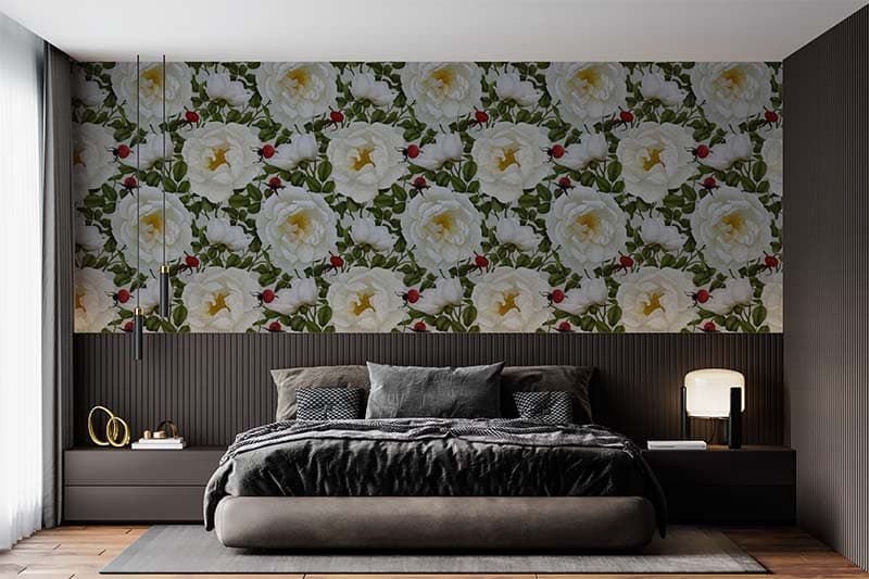 Realistic Serene White Peonies Wallpaper Mural shown in a room
