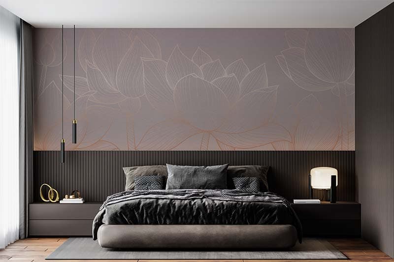 Splendor Golden Lotus Wallpaper Mural shown in a room