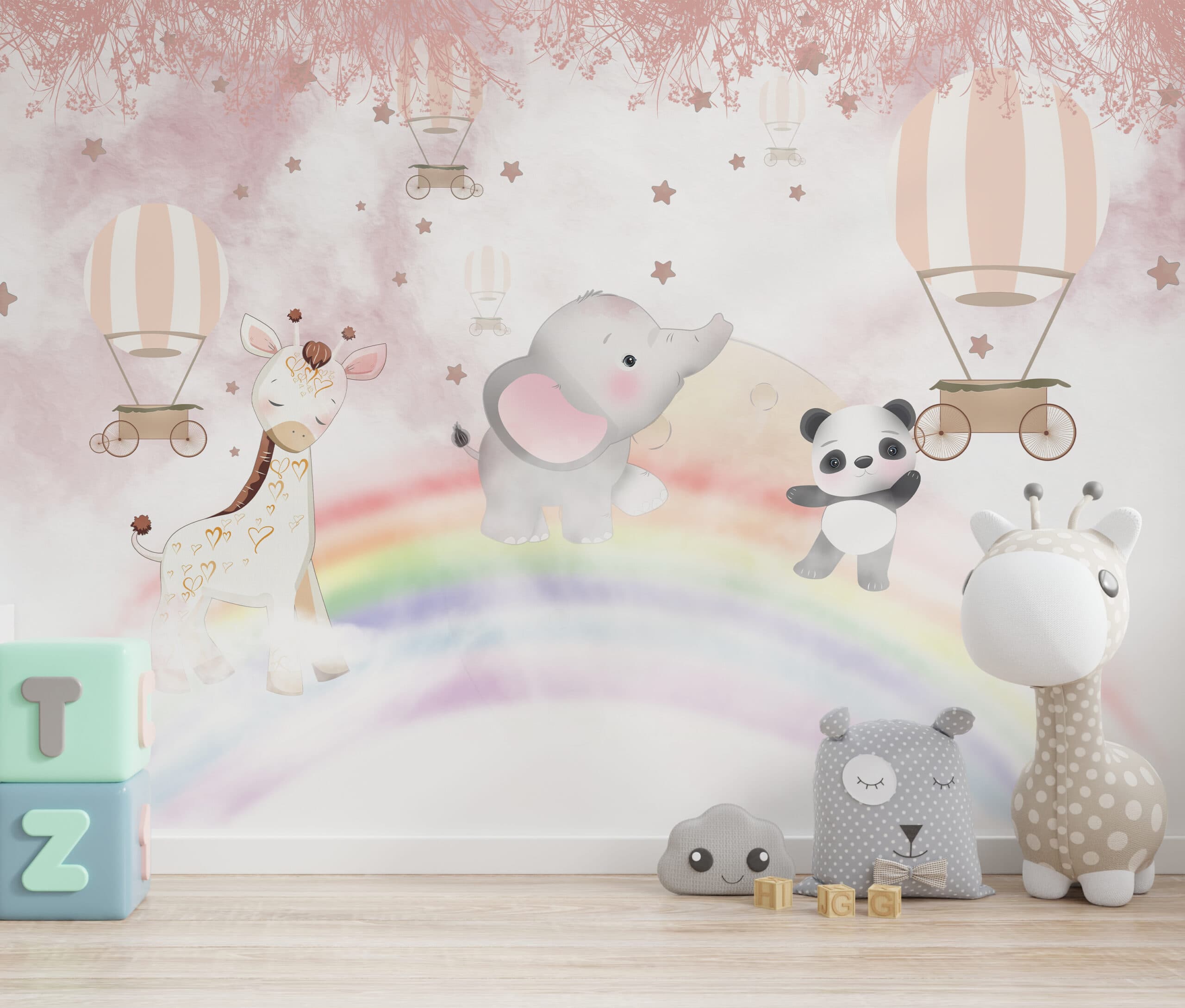 Cute Animals Wallpaper Design for Kids shown in a room