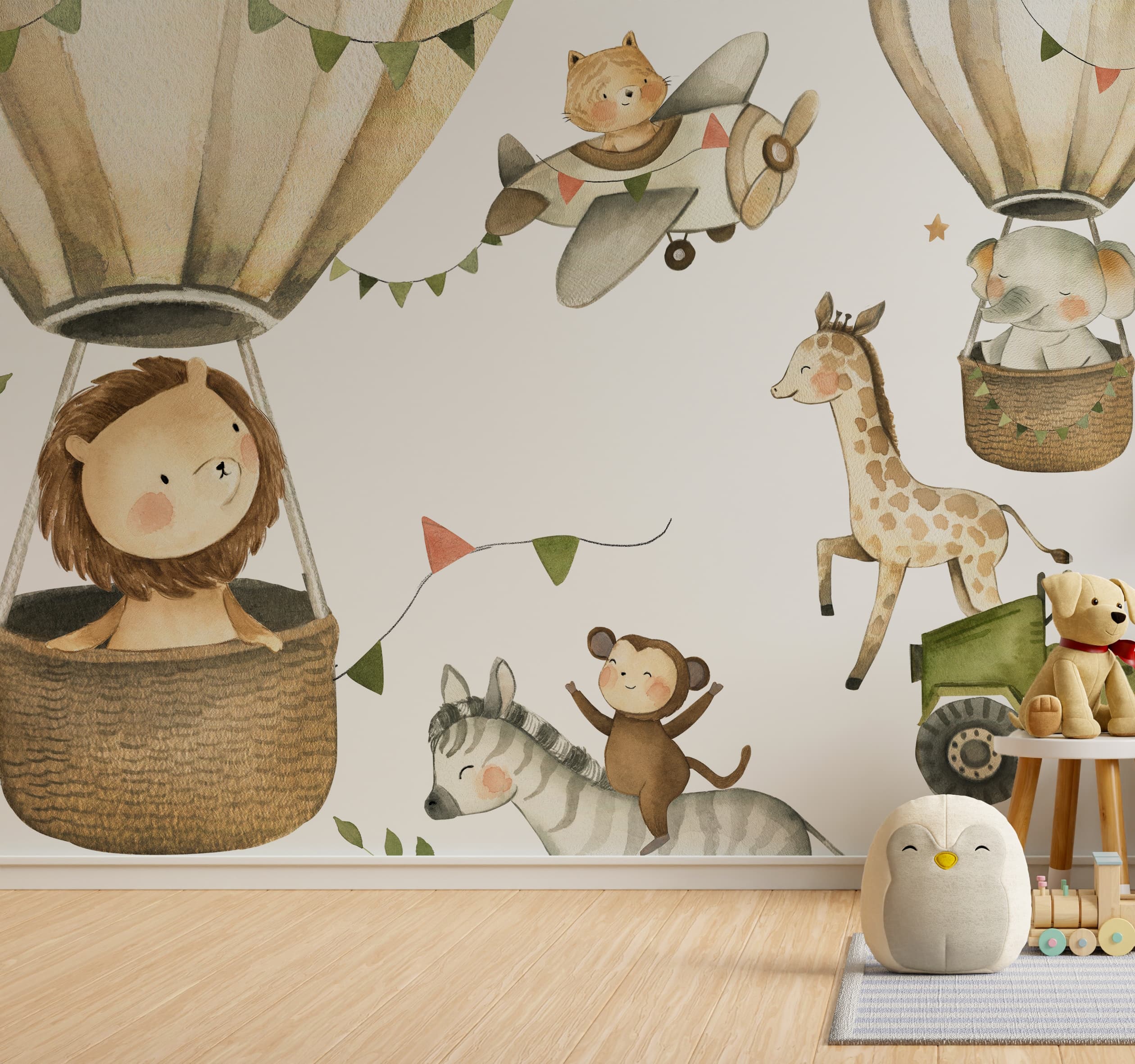 Safari Animals Watercolor Art Kids Room Mural Wallpaper shown in a room