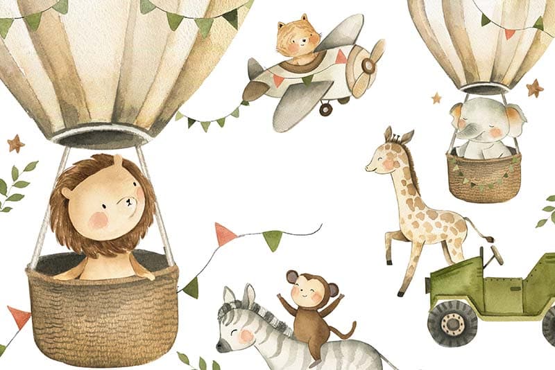 Safari Animals Watercolor Art Kids Room Mural Wallpaper pattern detail