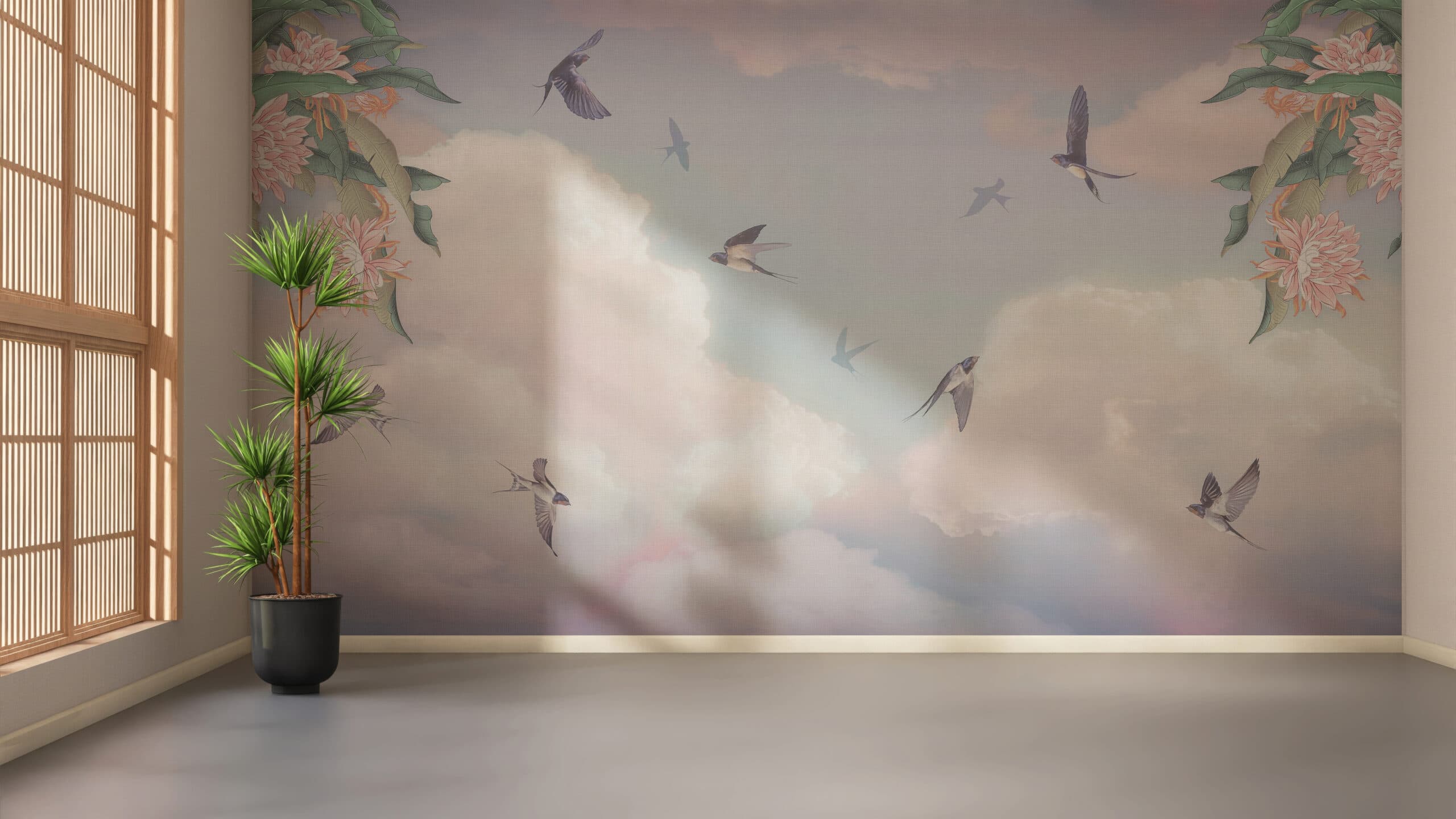 Swallow Serenade Wallpaper Mural shown in a room