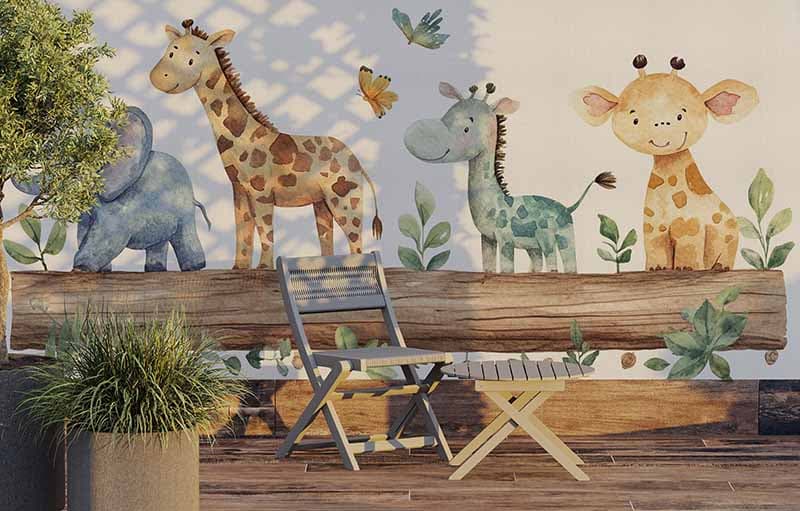Cute Watercolor Safari Animals Wallpaper Mural shown in a room