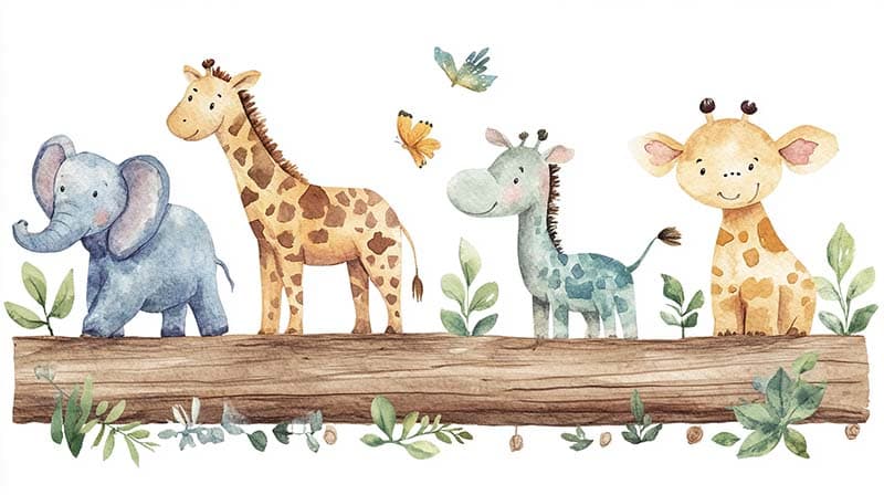 Cute Watercolor Safari Animals Wallpaper Mural pattern detail