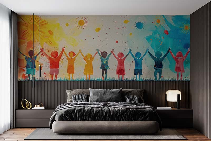 Happiness and Friendship Art Wallpaper Mural shown in a room