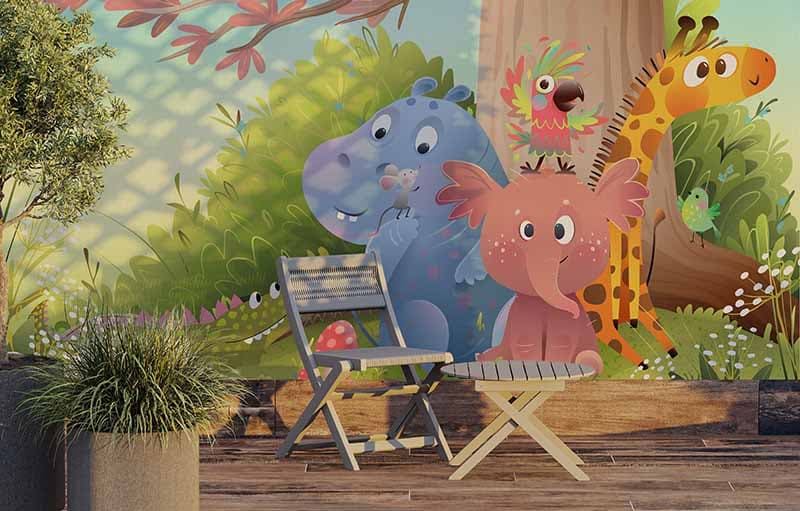 Jungle Mitra, Cute Animals Kids Wallpaper shown in a room