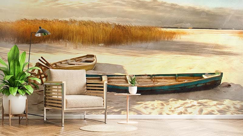 Drift and Dream Boat Landscape Wallpaper Mural shown in a room