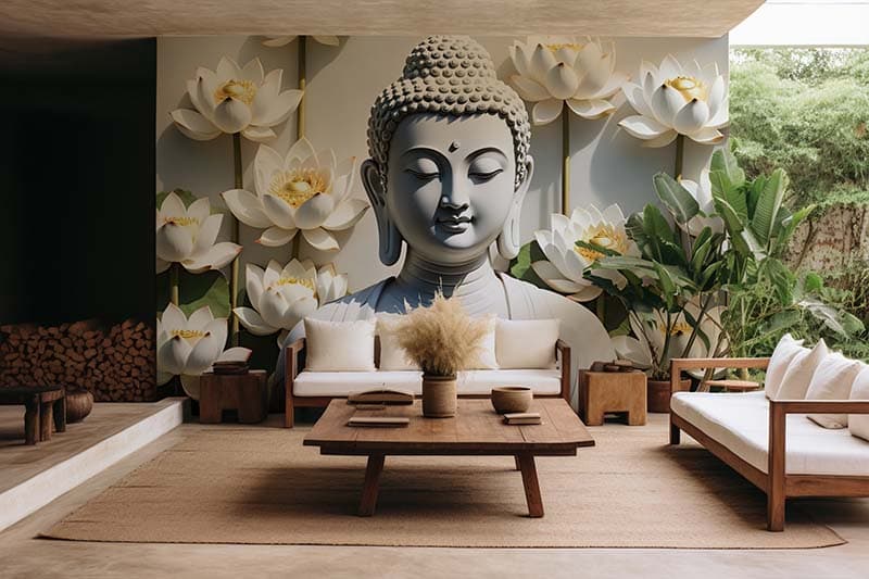3D Buddha Anubhuti Wallpaper Mural shown in a room