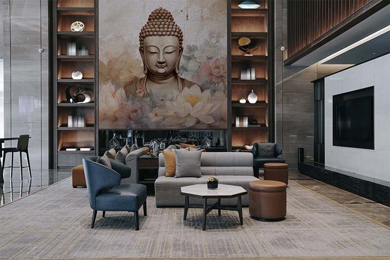Vipasana Vibes Buddha Mural Wallpaper shown in a room