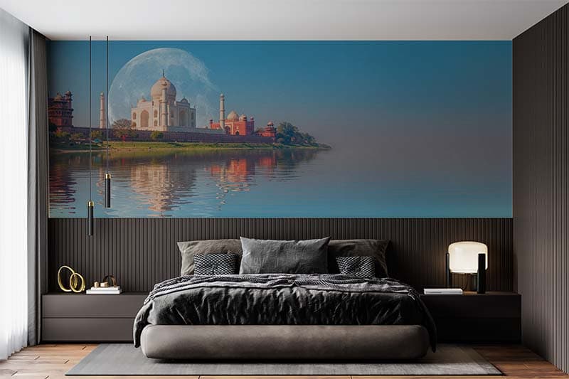 Beautiful Taj Mahal on The Banks of Yamuna Wallpaper Mural shown in a room
