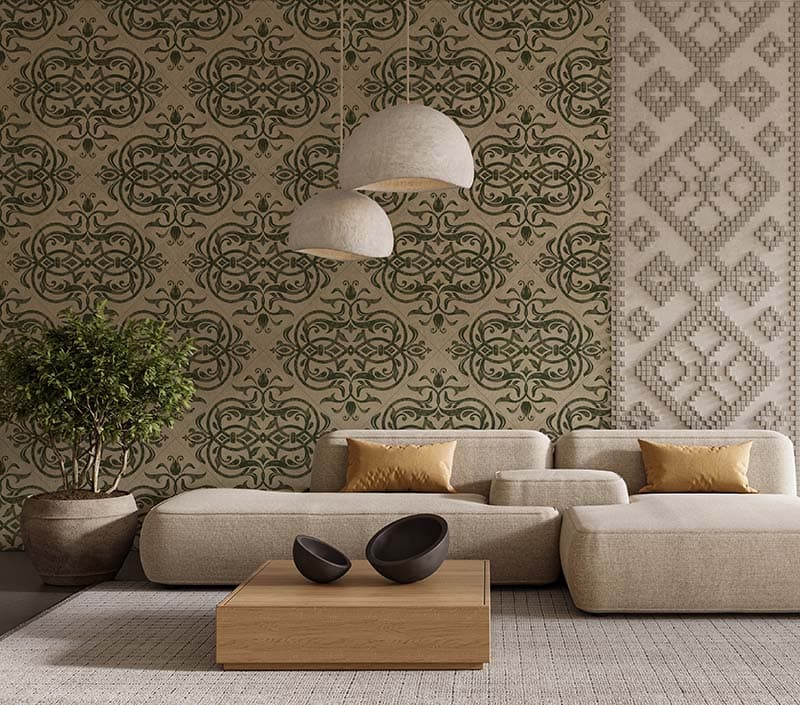 Silken Sage, Lush Regal Damask Mural Wallpaper, Customized shown in a room