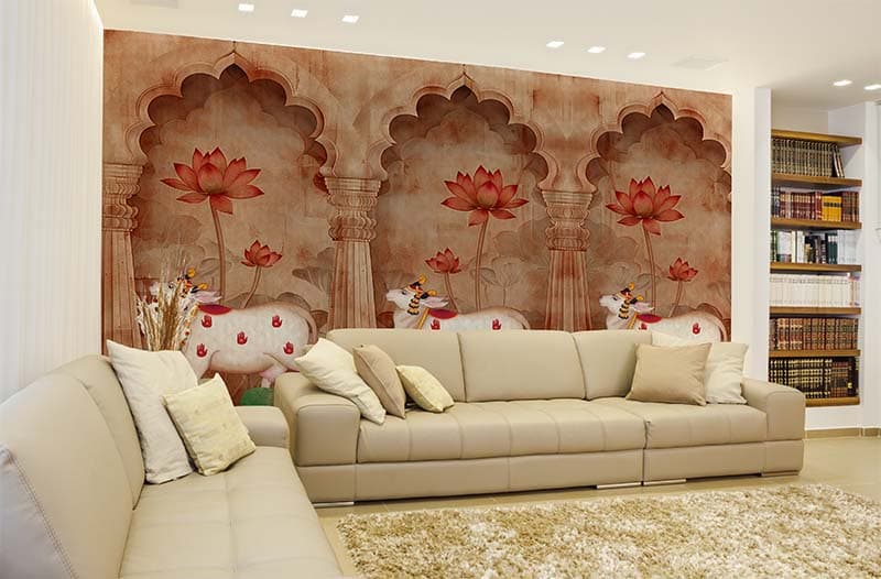 Gokul Pichwai Gatha Mural Wallpaper shown in a room
