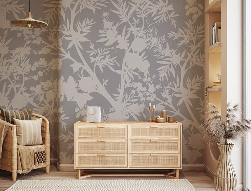 Charcoal, Smoky Branches Art Wallpaper Mural, Customized shown in a room