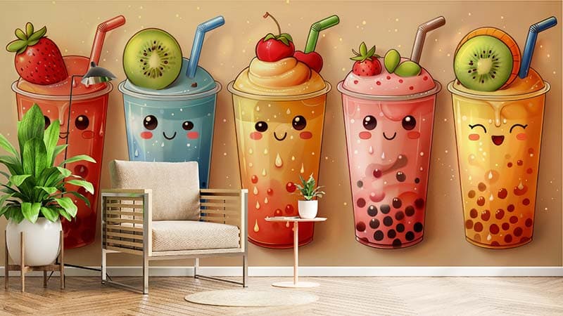 Cute Kawai Style Doodle Art Wallpaper Mural shown in a room