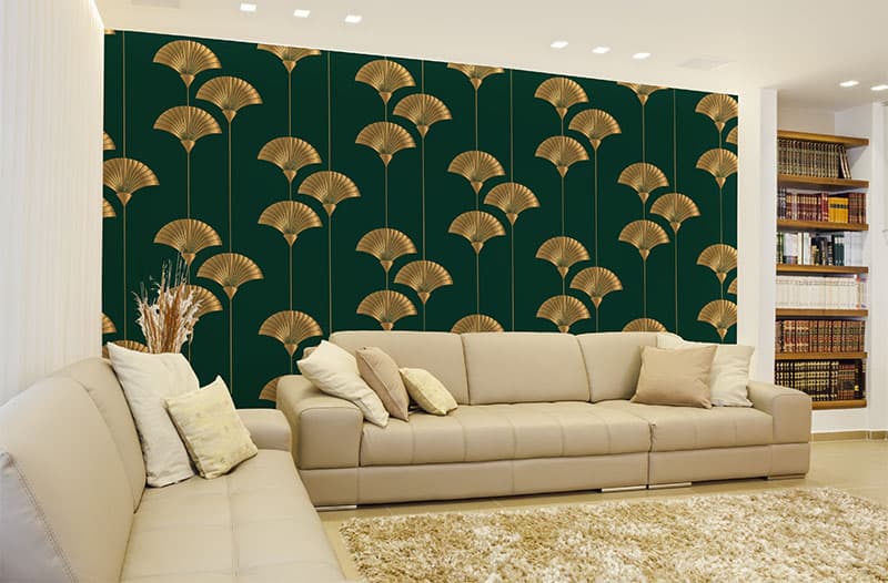 Golden Emerald Art Deco Wallpaper Mural shown in a room