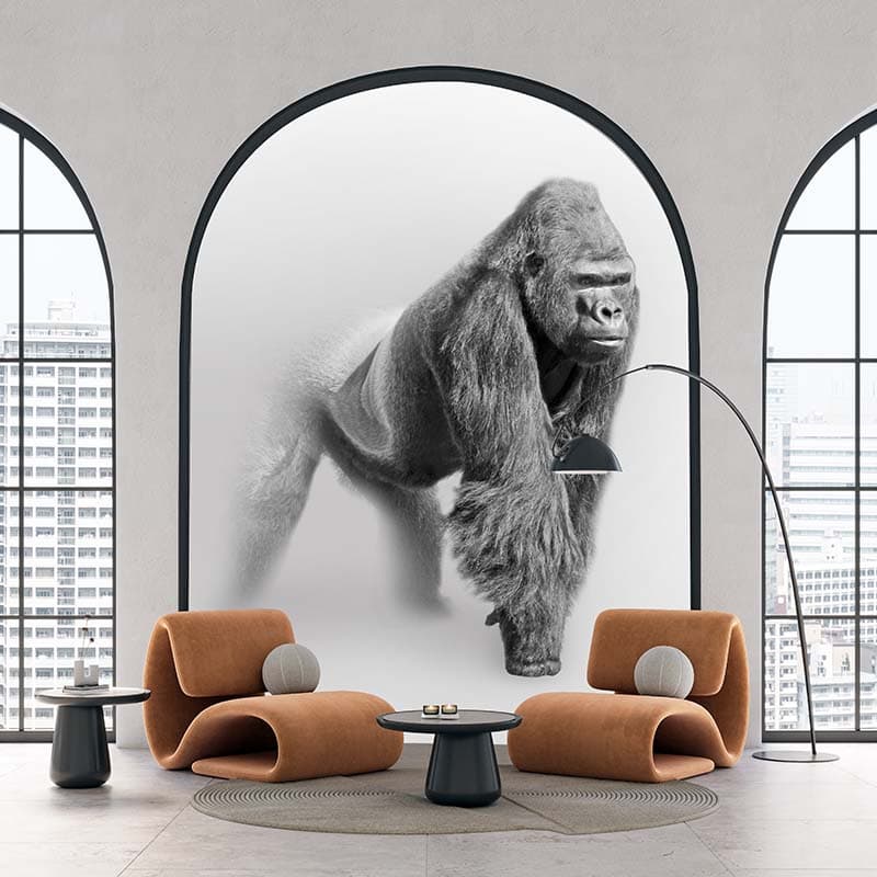 Greyscale Art of A Gorilla Wallpaper Mural shown in a room