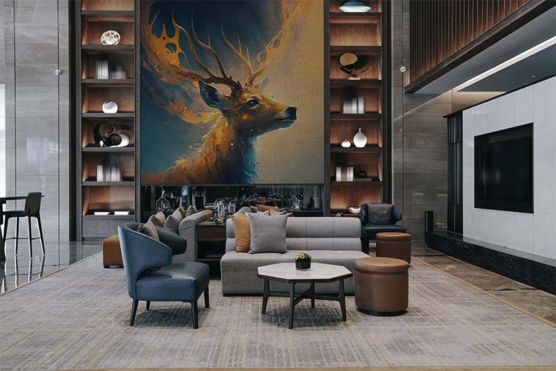 Luminous Stag, Golden Dear Art Wallpaper Mural shown in a room
