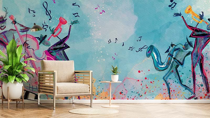 World of Music Watercolor Art Wallpaper Mural shown in a room