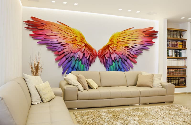 3D Effect Colorful Angel Wings Wallpaper Mural shown in a room