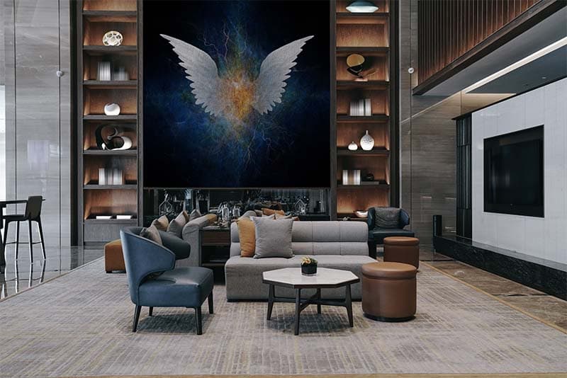 Premium Artistic Angel Wings Design Wallpaper shown in a room