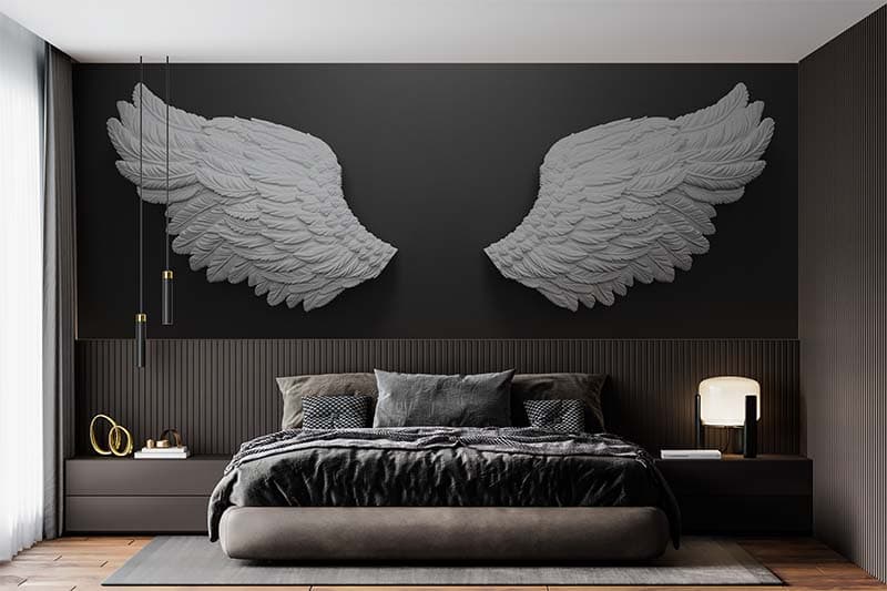 Serene White Angel Wings Wallpaper Mural shown in a room