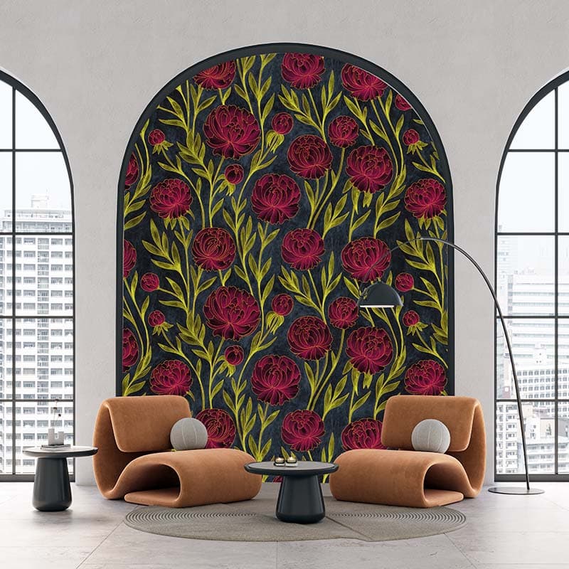 Bright Burgundy Peony Flowers Wallpaper Mural shown in a room