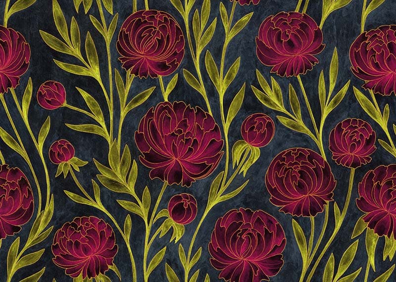 Bright Burgundy Peony Flowers Wallpaper Mural pattern detail