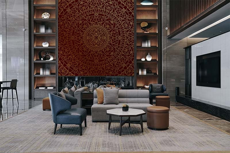 Golden Maroon Mandala Wallpaper Mural shown in a room