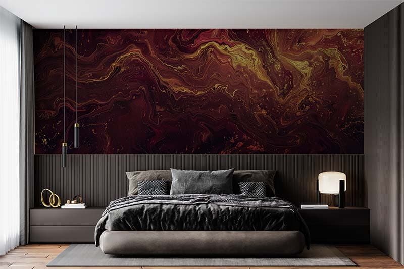 Maroon and Gold Marble Texture Mural Wallpaper shown in a room