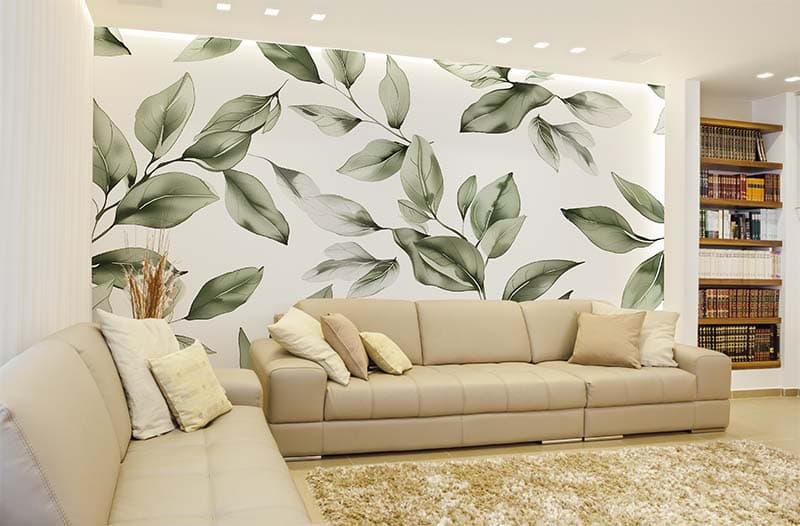 Pastel Watercolor Green Leaves Wallpaper shown in a room