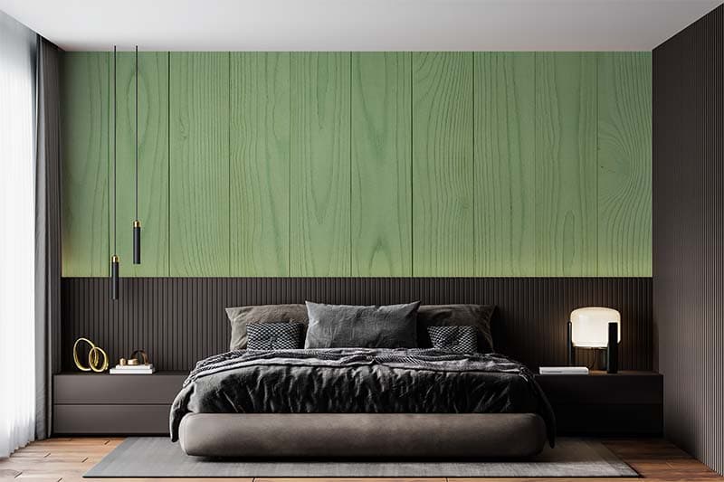 Pista Green Wood Planks Design Wallpaper Mural shown in a room