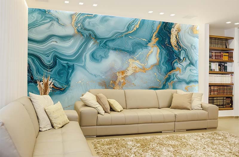 Blue and Gold Marble Wall Mural Wallpaper shown in a room