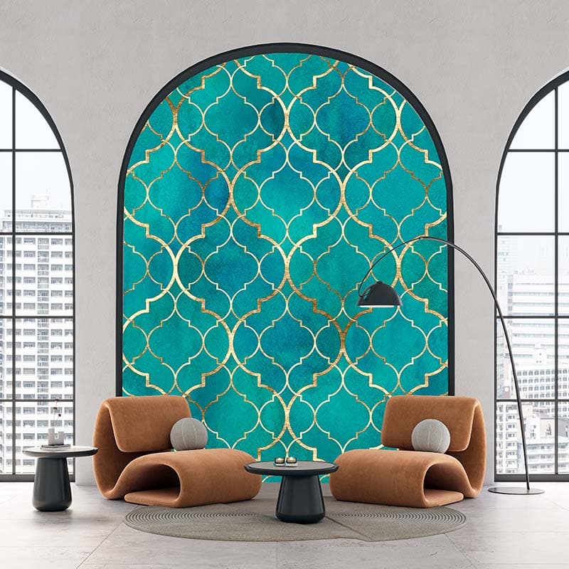 Teal Gold Moroccan Design Wallpaper Mural shown in a room